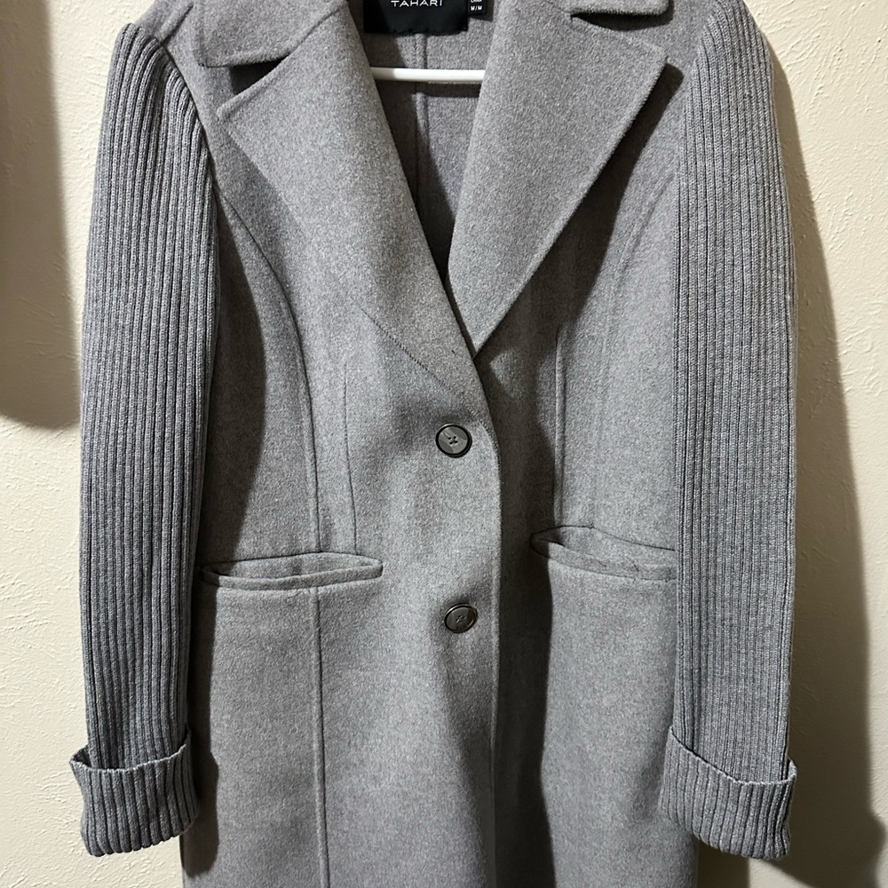 Tahari Gray Hybrid Wool Pea Coat